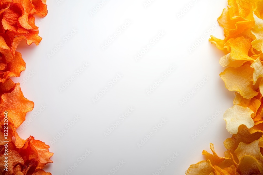 Poster close-up view of savory potato chips arranged crisply on a white surface, emphasizing their quality 