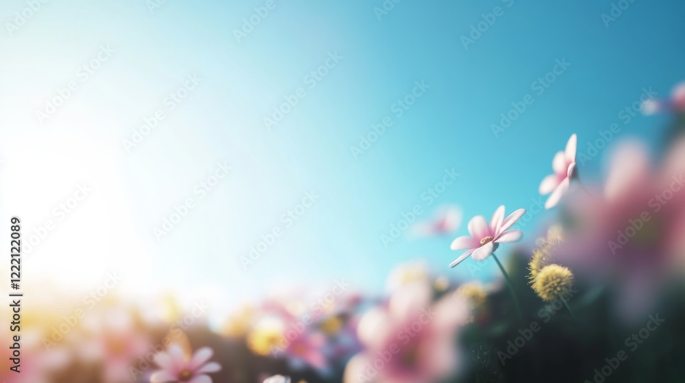 Poster Delicate white and pink daisies mix with golden dandelions in a sunlit field, creating a peaceful atmosphere perfect for adding text on the right side