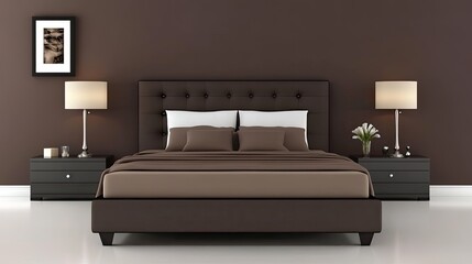 Chic modern bedroom with a dark accent wall, a sleek bed frame, and minimal decor for a clean, stylish design.