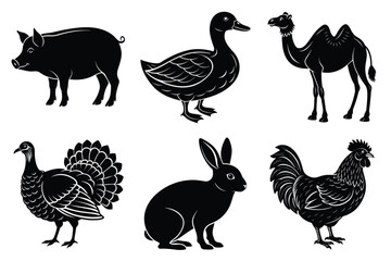 Farm and Domestic Animals set, Animals silhouette collection vector illustration