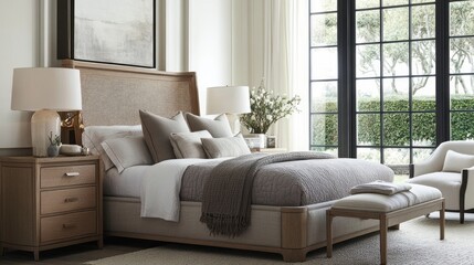 Fototapeta premium Comfortable bedroom with soft lighting, light gray bedding, and a light wood nightstand with a table lamp.