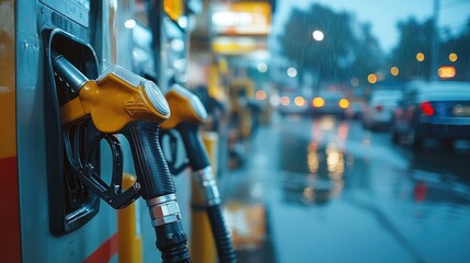  fuel pump or gasoline petroleum fuel nozzle for refueling up vehicle at gas station.