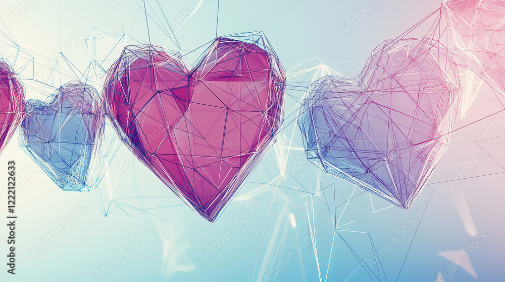 Poster 3d wireframe geometric shapes. abstract geometry objects from line grid. polygonal figures of heart,