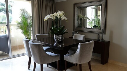 Compact dining space with a square table, four chairs, and a large framed mirror on the wall for added depth.
