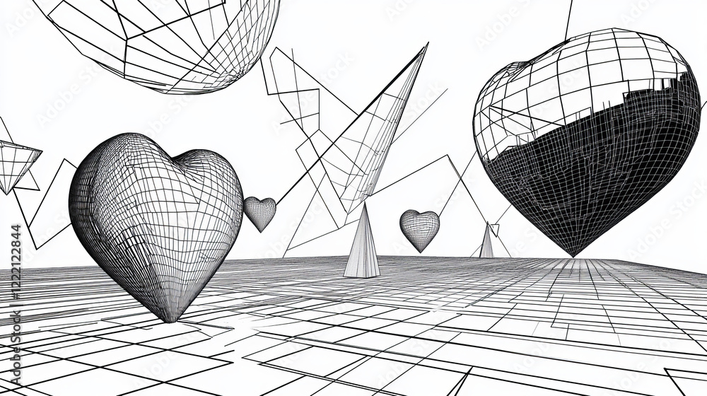 Poster 3d wireframe geometric shapes. abstract geometry objects from line grid. polygonal figures of heart,