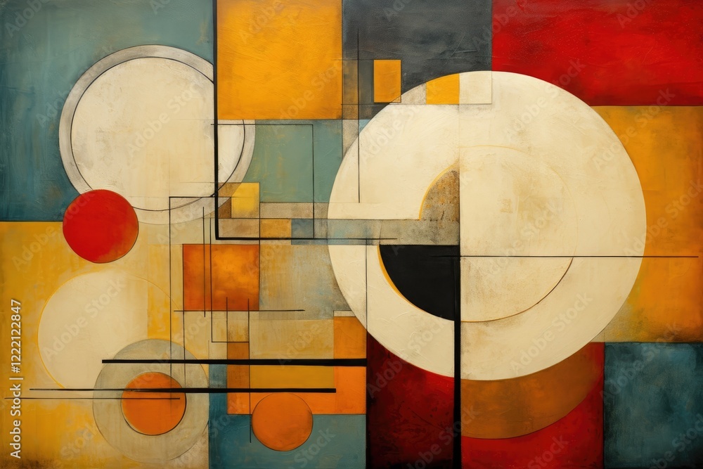 Poster an abstract composition featuring circles, squares, and rectangles in warm colors creating a modern 