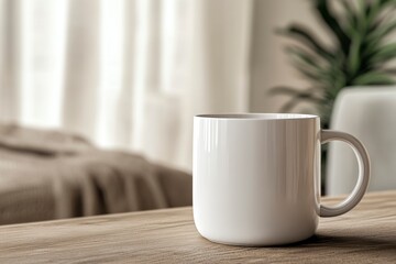 Fototapeta premium Minimalist White Coffee Mug on Wooden Table in Cozy Interior Setting