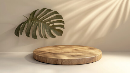 Light brown wooden 3d product podium with monstera leaf shadow on wall. Round platform with wood texture for natural goods display. Realistic vector mockup of pastel pedestal for presentation.