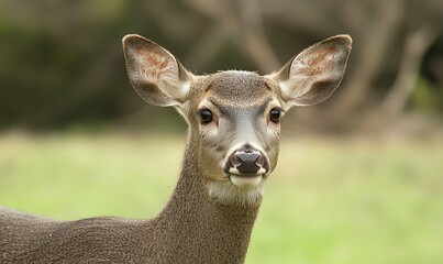 Fototapeta premium White-tailed deer doe portrait in a grassy field, wildlife conservation