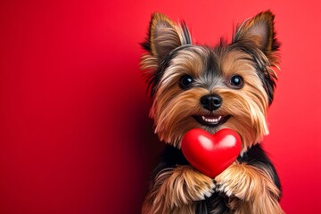 Yorkshire terrier - my cherished dog. Cute yorkshire terrier canine with domestic animal toy red heart - sign of love, funny greeting card. Marketing creative. Valentine's cute puppy poses.