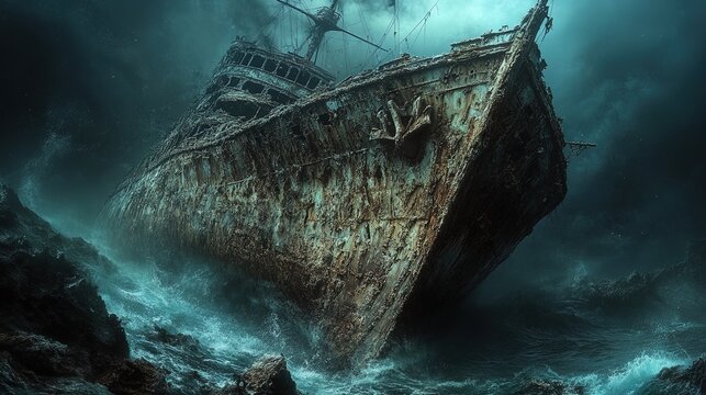 A hauntingly beautiful image of a rusty, ancient shipwreck