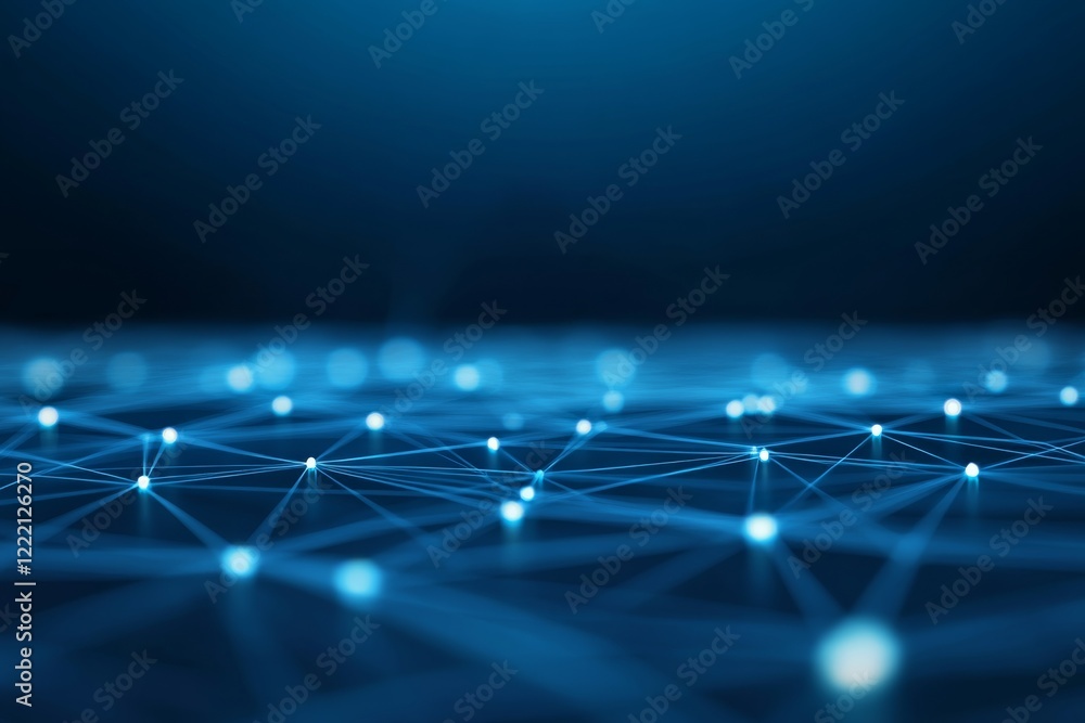 Poster Interconnected glowing molecules shimmer in vibrant blue hues on a dark gradient background, creating a visually striking look with ample copy space for text