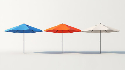 Obraz premium White blank beach umbrella mockup. Realistic 3d vector set of sunshade parasol for safe leisure in different angles of view. Summertime protection and shade element for branding and advertising.