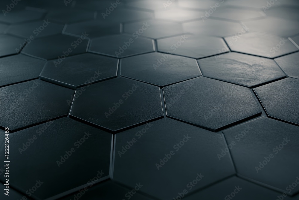 Poster Detailed view of hexagonal black tiles arranged in a geometric pattern with soft lighting creating shadows for depth. Copy space is available on the right side