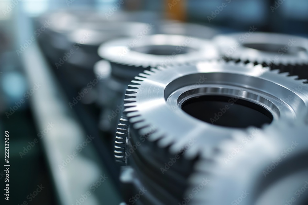 Aufkleber close-up view reveals silver metallic engine gear wheels intricately arranged on an industrial backg