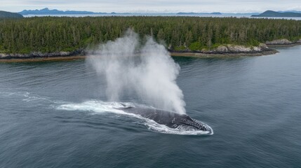 Naklejka premium An aerial view of a humpback whale exhaling a misty spout of water in a calm ocean