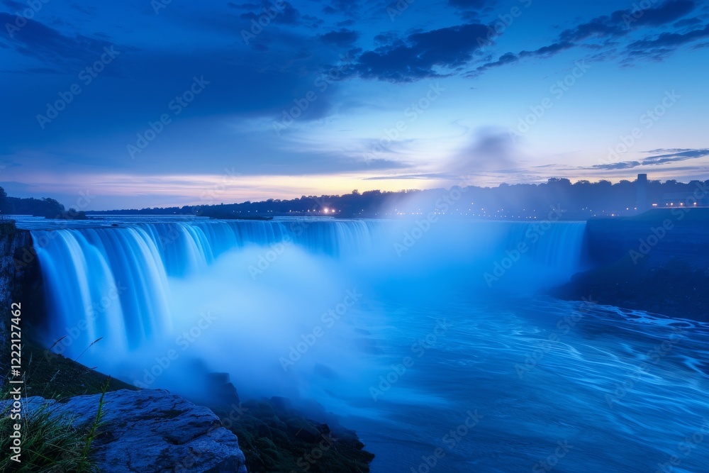 Aufkleber dusk sets over niagara falls, with cascading waters illuminated in soft blue, creating a tranquil at