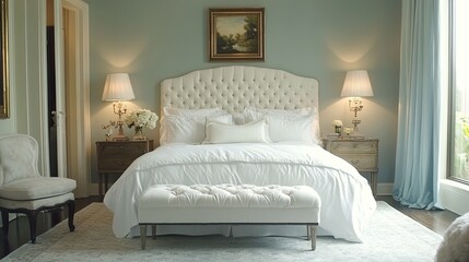 Fototapeta premium Serene bedroom with a soft blue wall, white bedding, and a single piece of art for a relaxing atmosphere.