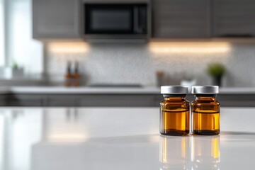 Two amber glass vials rest on a white countertop, illuminated by gentle natural light, creating a calm and health-oriented atmosphere in a kitchen setting