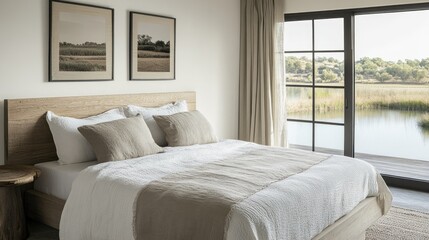 Simple bedroom with a white bedspread, matching pillows, and an open window showing a sunny outdoor view.