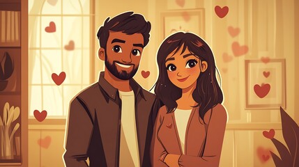 Charming Valentines Day couple indoor setting celebrating holiday love happiness They dressed elegant casual attire heart floating around them Their tender joyful expression capture essence of human