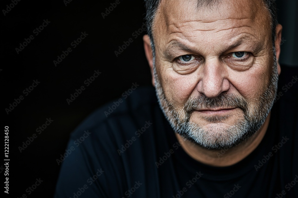 Poster Confident man gazes at the camera with a strong expression, showcasing sharp features and a well-groomed beard against a softly blurred backdrop