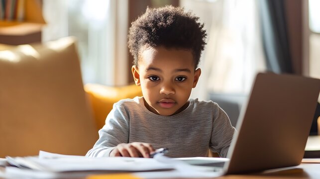 young boy focused on online learning - Powered by Adobe