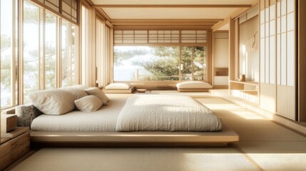 Fototapeta premium Spacious modern bedroom with a sleek low bed, large windows, and neutral tones for a calming atmosphere.