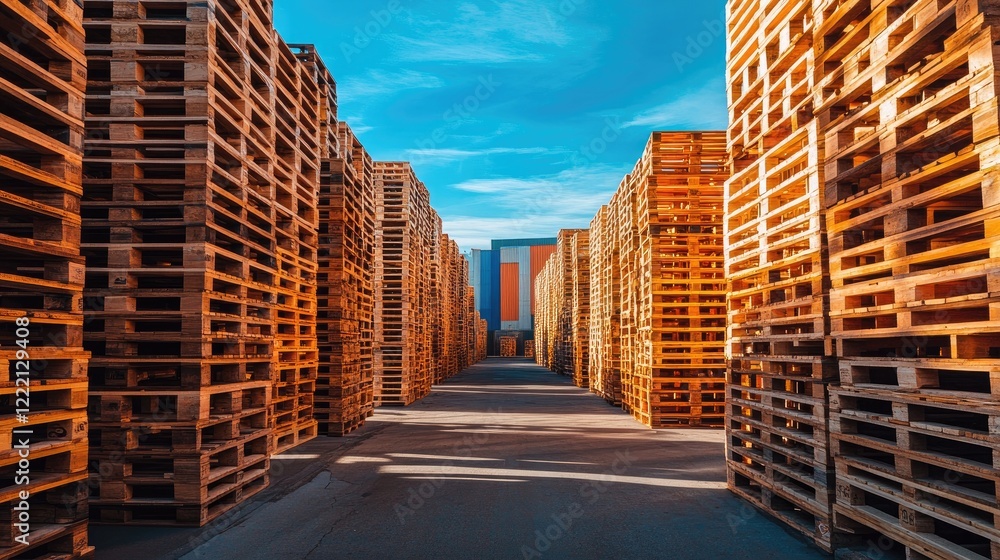 Aufkleber warehouse with empty pallets stacked neatly on one side, ready for use.