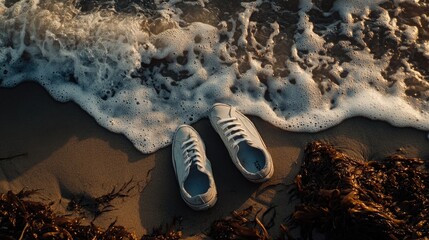 A lone sneaker near the water's edge with soft waves splashing gently against the shore.