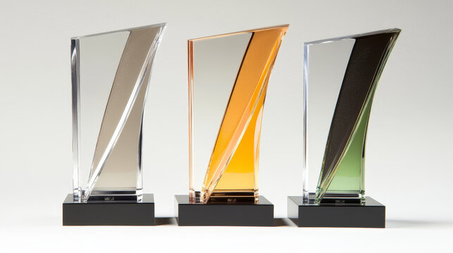 Realistic trophy and achievement prize made of glass or crystal on black stand with metal name plate. Vector illustration set of transparent blank plastic or plexiglass glossy success plate cup award.