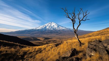 Snowy mountain peak with dead tree and yellow grass. Nature and wilderness concept