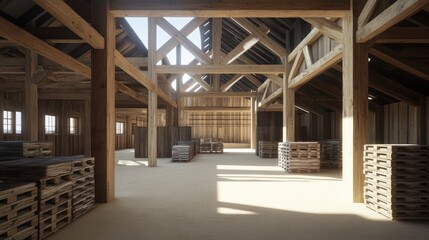 Wide view of a spacious warehouse with stacked pallets and overhead beams.