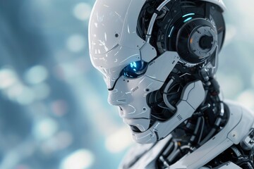 Fototapeta premium A closeup portrait of a modern AI robot showcasing advanced features and intricate design, highlighting its blue glowing eyes and detailed mechanical components against a futuristic backdrop