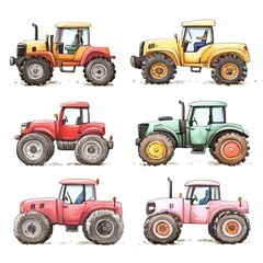 Six cartoon tractors of different colors.