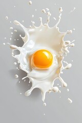 Realistic vector-style milk splatters with vibrant egg yolk on gray background