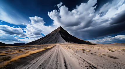 Fototapeta premium Dirt road leading to mountain under dramatic clouds. Nature and adventure themes