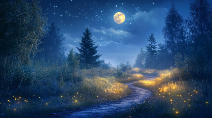 Night landscape, cartoon nature background with field, dirt path and conifers trees under dark starry sky with full moon and clouds. Spruces with glowing fireflies scenery wood, vector illustration