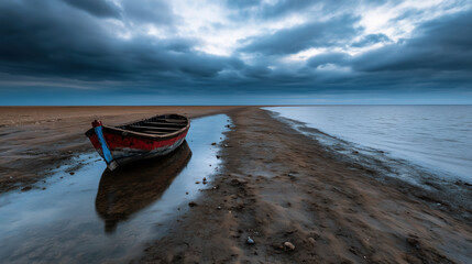 Wooden boat on muddy shoreline with cloudy sky and calm water. Coastal and abandoned themes