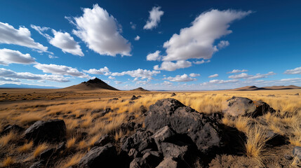 Dry grass and rocky terrain under blue sky with scattered clouds. Nature and wilderness themes