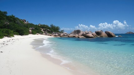 A secluded beach with smooth stones and clear, bright water sparkling in the sun