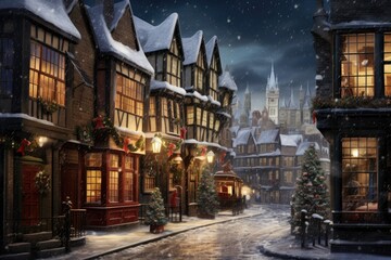 Fototapeta premium A classic London street adorned with festive decorations and snow during Christmas time, showcasing charming architecture and a magical winter atmosphere at night