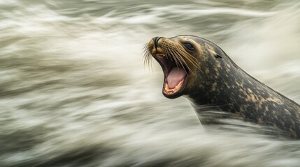 Ultra close up of wild sea lion with mouth wide open while yawning and screaming. Rough ocean water in the background out of focus. Animal photography. Head with eyes closed.