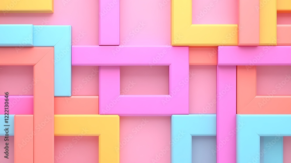 Poster colorful geometric patterns in pastel shades with intersecting frames and a soft pink background