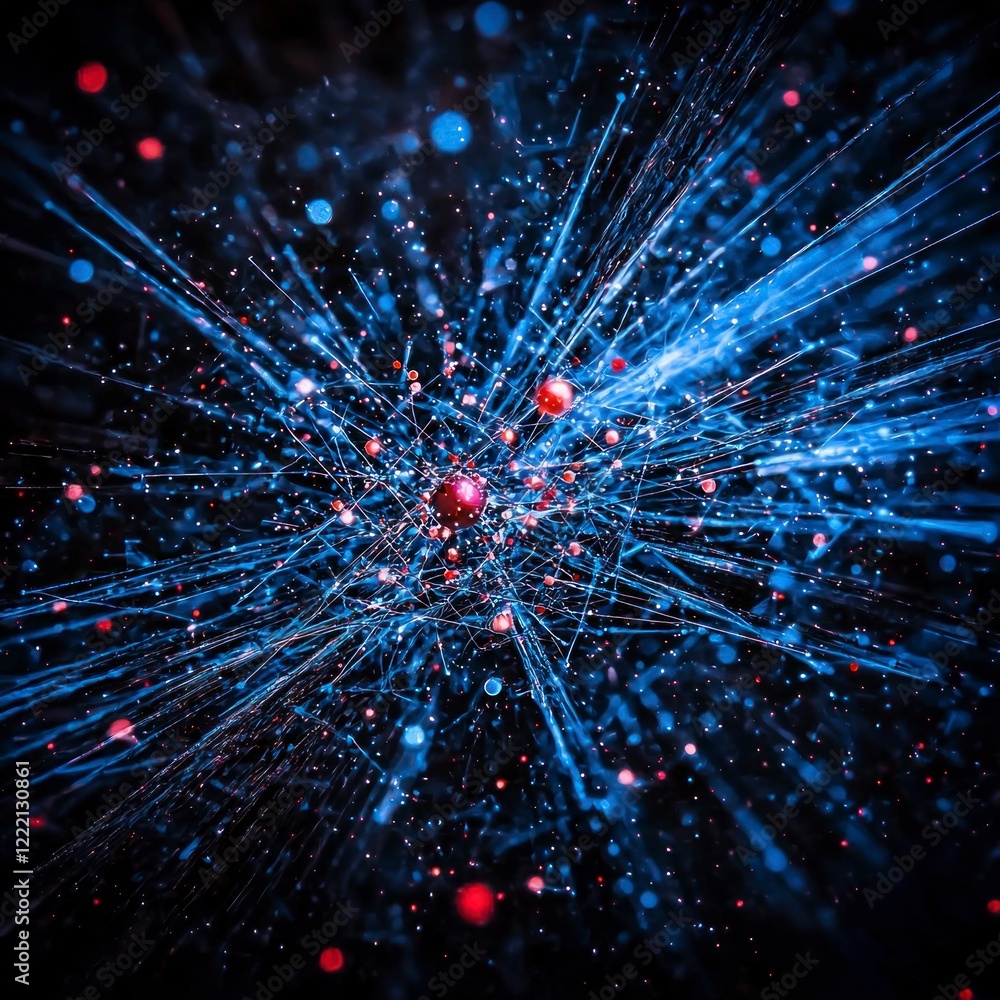Poster abstract network blue energy particle grid connected dots digital data ai art