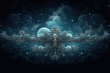 Intricate interconnected fractals reveal a digital cityscape floating amidst cosmic bubbles in a surreal night sky