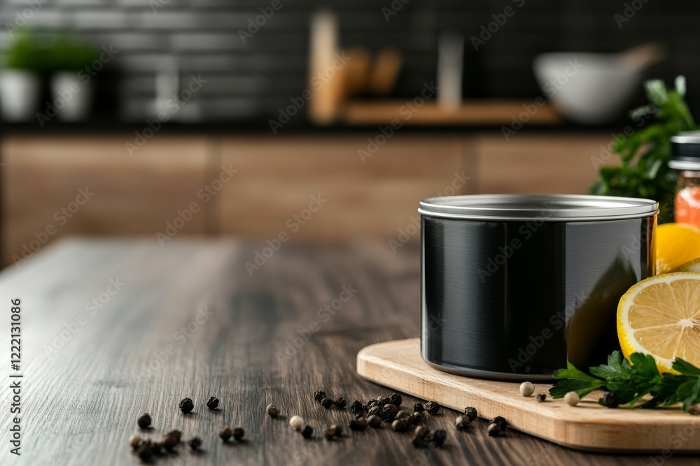 Aufkleber a can of wild pink salmon is garnished with herbs and lemon wedges on a rustic cutting board, surrou