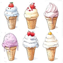 Six colorful ice cream cones with different toppings and flavors.