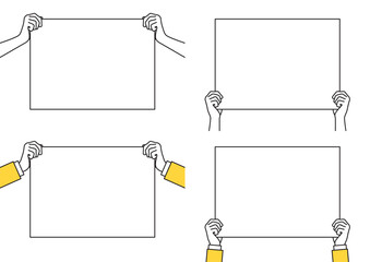 白いパネルを持つ手のセット A-01　線画　紙　プラカード　板