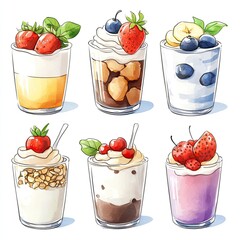 Six colorful parfaits with various toppings, including fruit, whipped cream, and granola, drawn in a watercolor style.